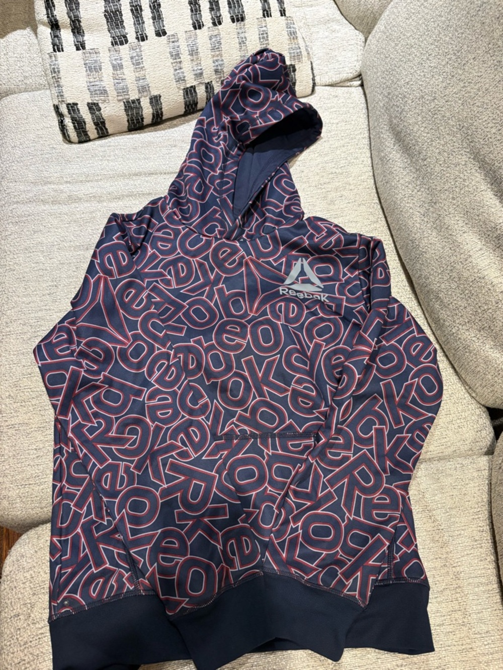 Reebok Navy and Pink Allover Logo Pullover Hoodie